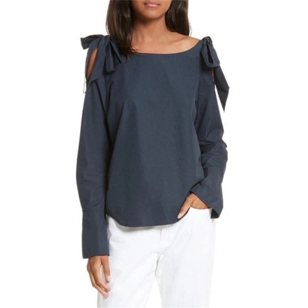 FRAME Women Size S Bow Cold Shoulder Cotton Blouse In Navy